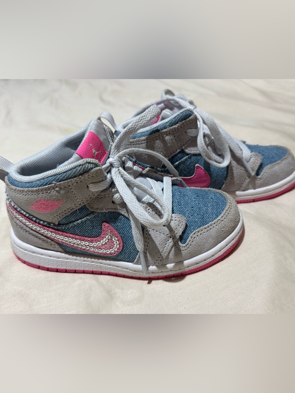 Jordan Kids Denim Blue, Gray & Pink High-Top Sneakers